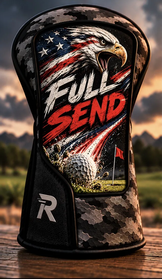 FULL SEND eagle patch on a camo headcover