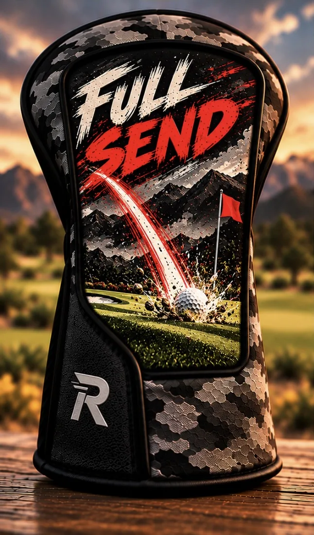 FULL SEND patch on a camo headcover